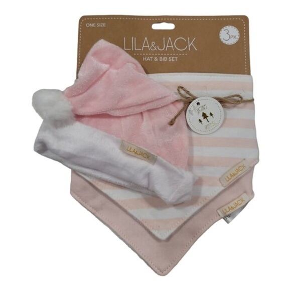 Lila & Jack Set Of 2-   3 pack Pink Holiday Bib &Hat Set - Picture 3 of 5